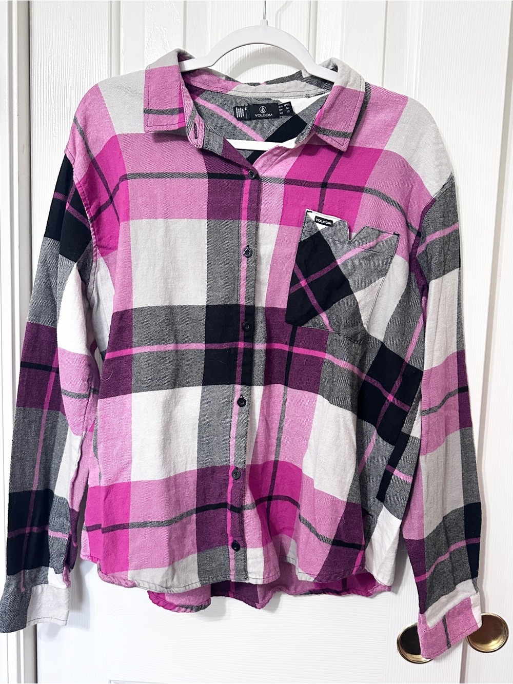 Volcom Pink, Gray & Black Plaid Button-Down Shirt